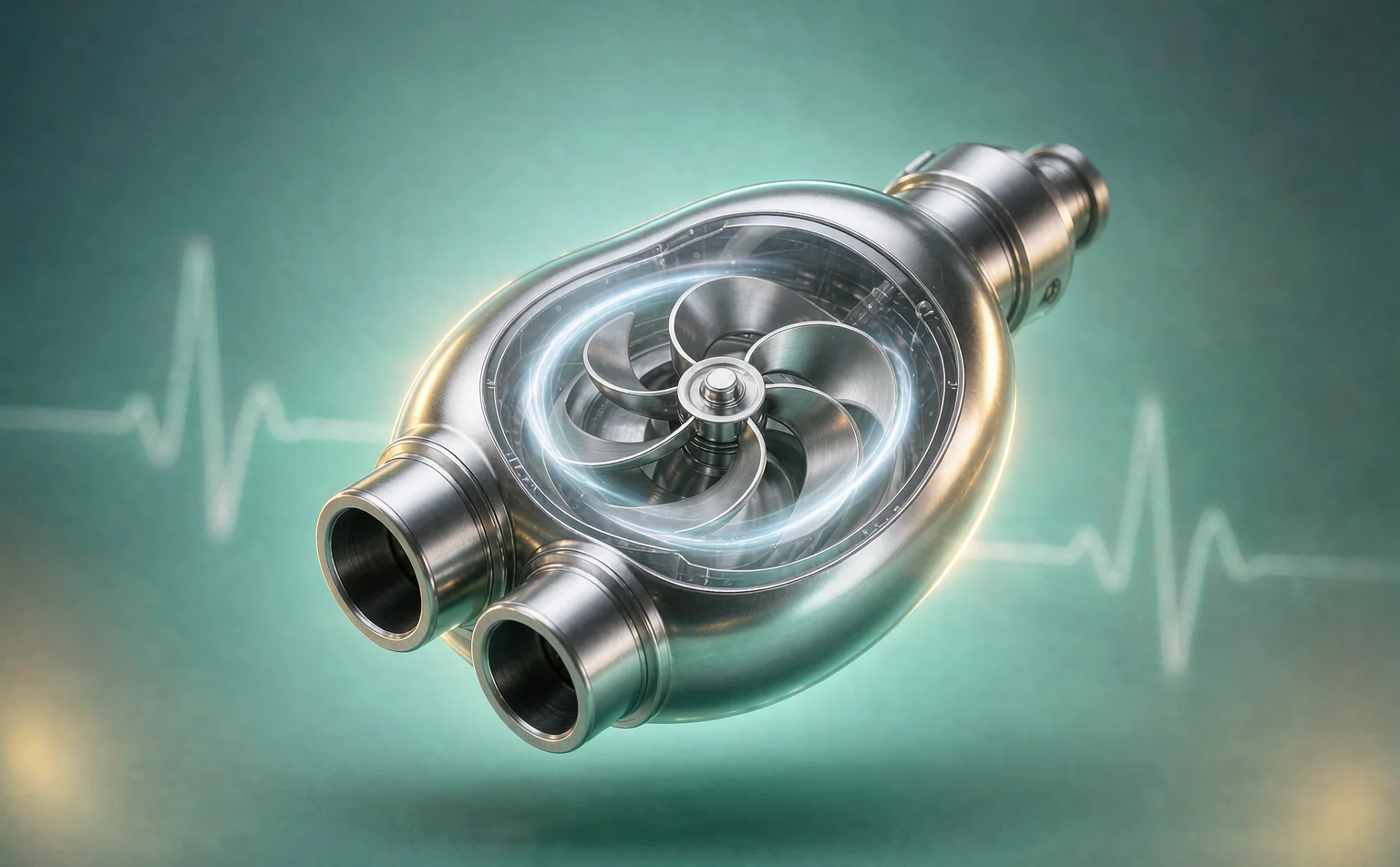 Computer rendering of a fully magnetically levitated artificial heart blood pump on a teal background with a heartbeat line